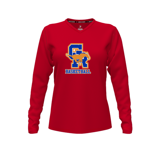 [FTLVPTRD-FYXS-LOGO2] Decker Performance T-Shirt (Female Youth XS, Red, V Neck, Logo 2, Long Sleeve)